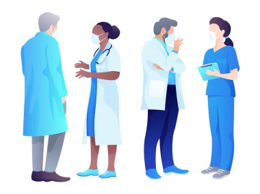 Beyaz bir arka planda duran ve konuşan doktorlar. Doktorlar ve hemşirelerin çalışma günü hakkında tıbbi dijital vektör. Web pankartı, bilgi veya yazdırma tasarımı için illüstrasyon