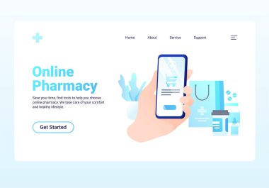 Akıllı telefon, mobil bir uygulama üzerinden ilaç sipariş ediyor. Çevrimiçi eczane soyut vektör çizimi. İlaçların ve tıbbi malzemelerin düz elementleri