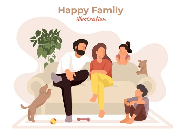 Glückliche Familie Auf Der Gemütlichen Couch Sitzend Und Plaudernd Eltern — Stockvektor