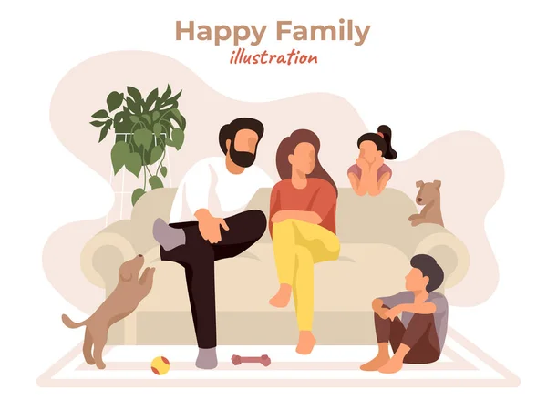 Mutlu aile rahat koltukta oturup sohbet ediyor. Ebeveynler ve çocuklar rahat evlerinde köpeklerle eğleniyorlar. Çizgi film iç kısımları doğal renklerde. Modern Stay safe vektör illüstrasyonu