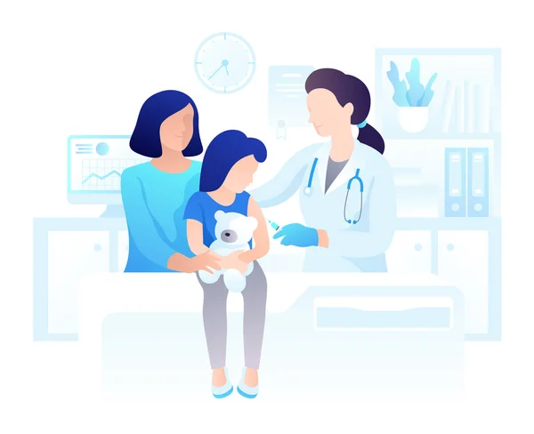 Küçük kıza iğne yapan bir kadın doktor. Annesiyle birlikte tıbbi ofis çizgi filminde. Çocuklar için test, hastalık tedavisi ve sağlık hizmetleri hakkında düz vektör illüstrasyonu aşısı
