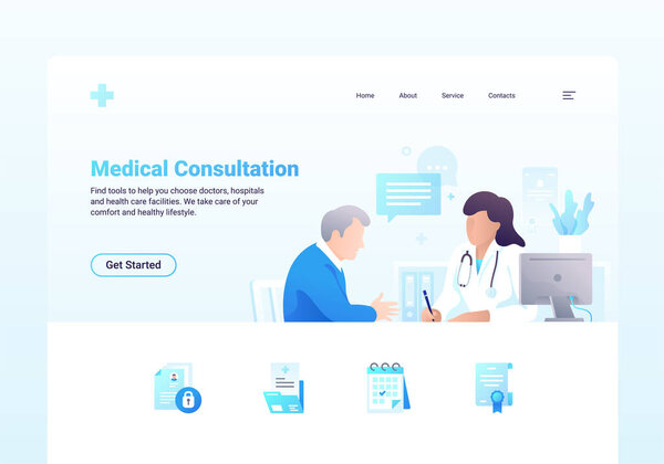 Медицинская консультация Пожилой человек говорит о болезни. Молодая женщина-врач слушает и делает заметки. Современная векторная иллюстрация с иконками и элементами для веб-баннеров, инфографики или печати