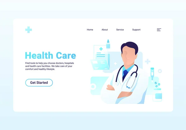 Steteskoplu, ilaçlı ve termometresi olan nazik bir doktor. Tıbbi simgelerle ve web pankartı veya yazdırma elementleriyle soyut vektör illüstrasyonu