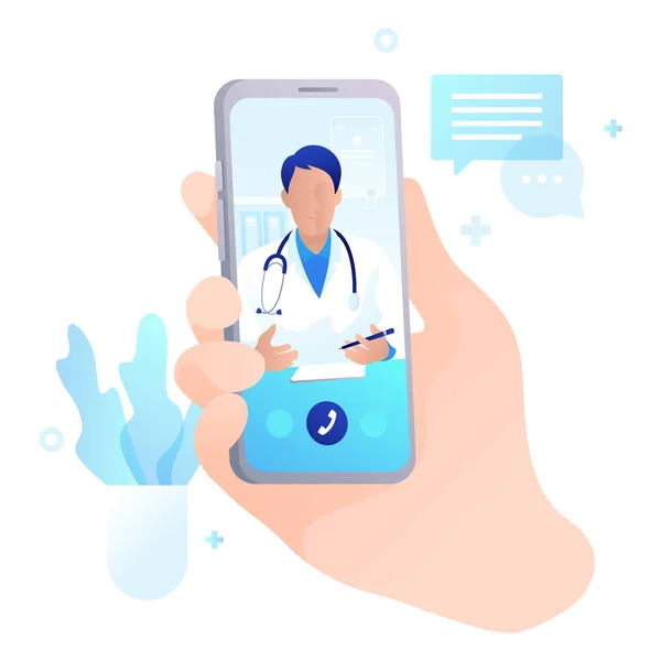 Gülümseyen bir doktorla çevrimiçi tıbbi danışmanlık. Beyaz bir arkaplanda, iletişim ve teletıp hakkında ikonlar ve unsurlar olan akıllı bir telefon. Soyut vektör illüstrasyonu