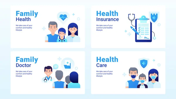 Sağlık sigortası, sağlık sigortası ve aile doktoru. Web afişi, bilgi grafikleri veya basım için düz vektör illüstrasyon aile sağlığı kavramı. Modern tıbbi simgeler ve elementler beyaza izole edildi