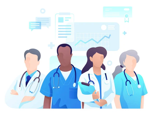 Tıbbi ikonlar ve elementlerin arka planında steteskopları olan doktor ve hemşirelerden oluşan bir ekip. Modern düz resimleme