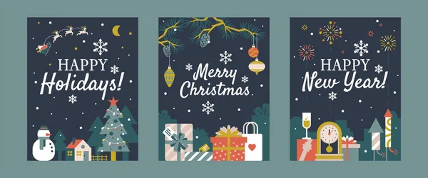 Kış tatili kartpostalları ya da içinde şu an, havai fişek, saat, kardan adam, Noel Baba ve diğer düz elementlerin olduğu poster şablonları. Mutlu Noeller ve mutlu yıllar modern tasarım seti