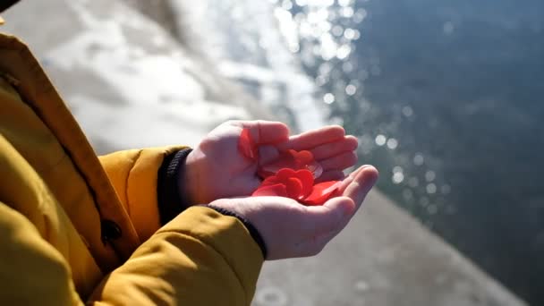 湖を背景に赤い紙のハートを手にした子供の手は. — ストック動画