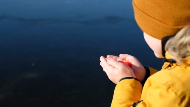 Gyermek kezek kezében piros papír szív a kezében a háttérben a tó. — Stock videók