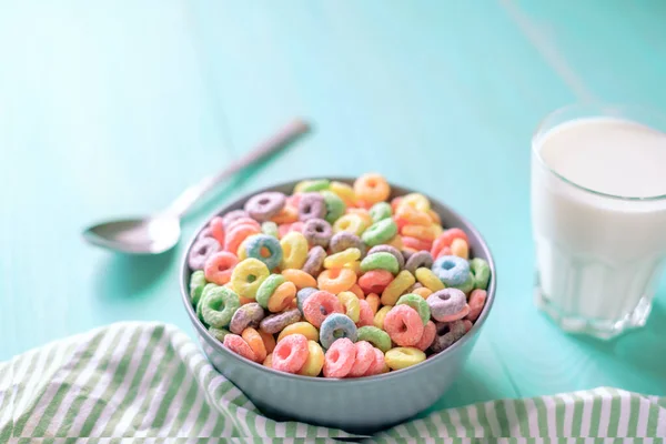 Colored Fruit Grain Loops Glass Milk Table Breakfast Concept High — Stock Photo, Image