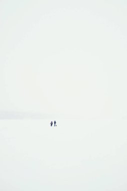 Donmuş bir gölün üzerinde yürüyen iki genç insan. Uzakta, arkanızı dönün. Sağlıklı bir kavram. Yüksek kalite fotoğraf