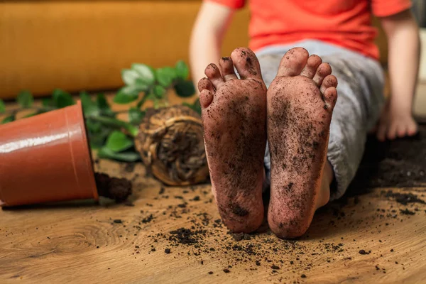 Kid sitting on the floor of the room with dirty feet. inverting flowerpot. Concept of failure. — Stock Photo, Image