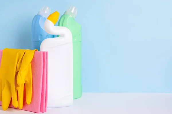 Cleaning Products Daily Use Home Blue Background Concept Cleaning Service — Stock Photo, Image