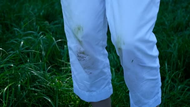 Des taches d'herbe sale sur des vêtements décontractés. tache sale de la vie quotidienne pour le lavage et le concept propre — Video