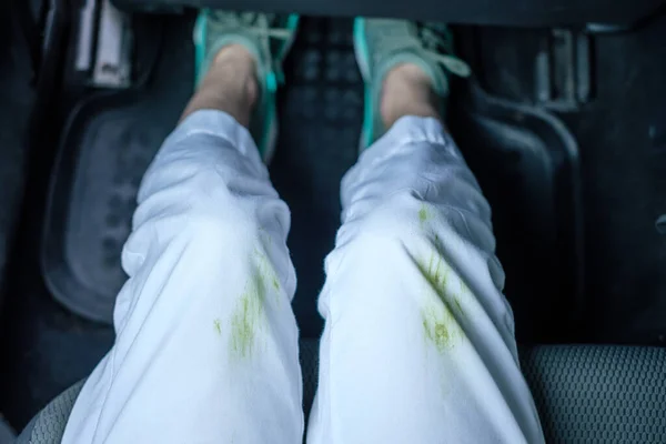 grass stains of on white pants. daily life dirty stain for wash and clean concept. High quality photo