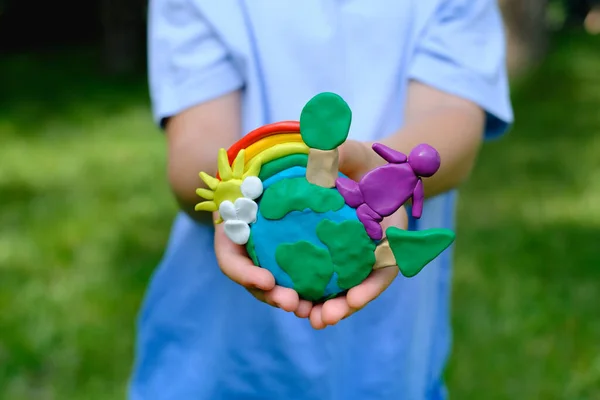 Environmental Information Understanding Child Hands Holding Earth Model Clay Rainbow — Stock Photo, Image