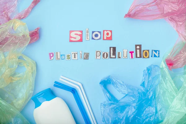 Hentikan Kata Kata Polusi Plastik Yang Dipotong Dari Majalah Tiang — Stok Foto