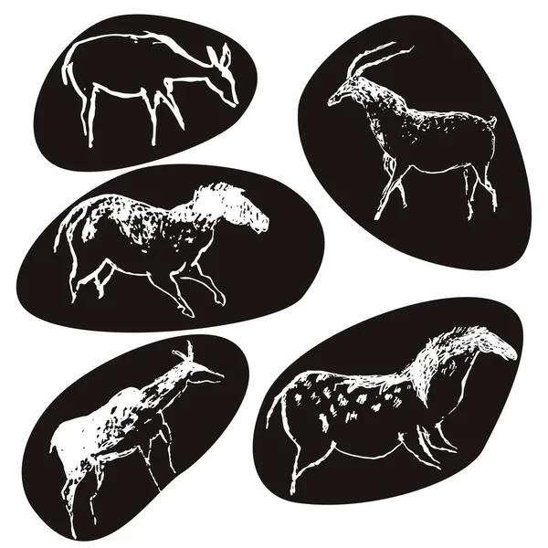 Felsmalerei Höhle altes Kunstsymbol handgezeichnete Vektorillustration. Prähistorische Tierkunst der Urmenschen, Ornament isoliert auf schwarzen Steinen. — Stockvektor