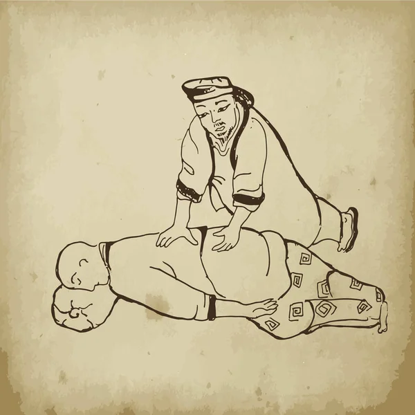 Massaggio medico cinese, illustrazione vettoriale di medicina antica su vecchia carta. Massaggio. Medicina alternativa. Farmacia cinese. — Vettoriale Stock
