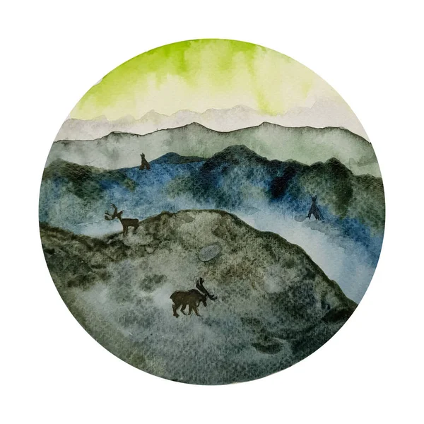 Paisagem de luz norte polar ou sibéria, renas andando na paisagem de montanhas nórdicas, ilustração aquarela desenhada à mão. Natureza selvagem, floresta, cervos do norte. — Fotografia de Stock
