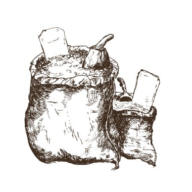 Buğday, şeker ve ahşap kepçeyle çizilmiş el resmi, vektör çizimi. Antika branda çantalar.