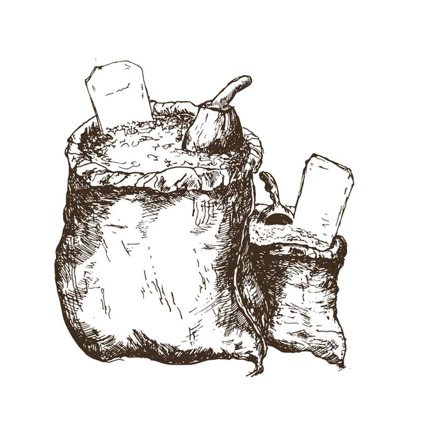Холст мешок с цельной пшеницей или сахаром и деревянный чертеж ручной работы, векторная иллюстрация. Винтажные холст мешки. — стоковый вектор