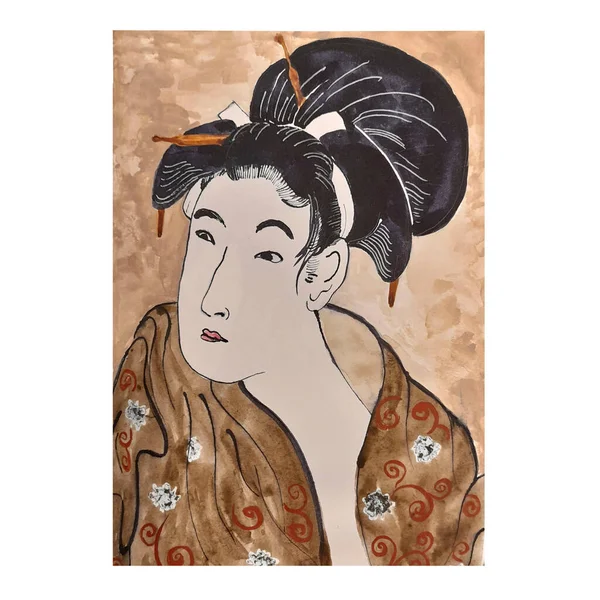 Fille geisha japonaise et art oriental, illustration dans le style de la gravure japonaise traditionnelle ancienne. Japon culture traditionnelle. Vintage paiting, femelle en kimono. — Photo