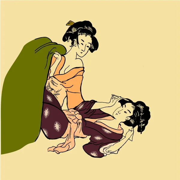 Geisha japonaise homosexuelle lesbiennes femmes et art oriental, illustration dans le style de la gravure japonaise traditionnelle ancienne. Japon culture traditionnelle. Vintage paiting, femelle en kimono. — Image vectorielle