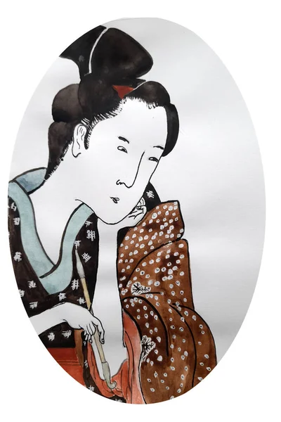 Geisha japonaise avec tube à tabac, illustration aquarelle dessinée à la main. Style d'art traditionnel japonais. — Photo