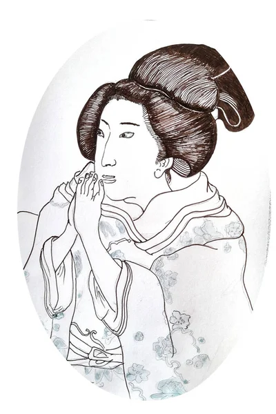 Geisha japonaise en kimono, aquarelle dessinée à la main. Style d'art traditionnel japonais. — Photo