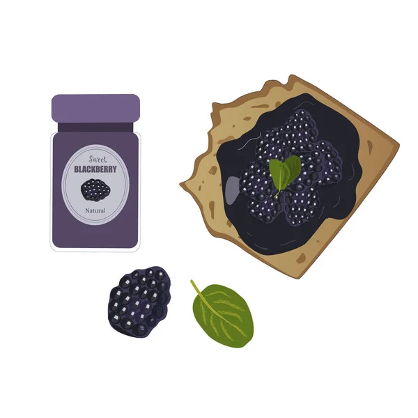 Blackberry, pan e ilustración vectorial tarro aislado en blanco, postre. Mermelada de mora dulce de bosque casero orgánico natural en tarro de vidrio con cubierta de papel. — Vector de stock