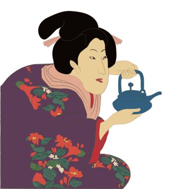 Geisha in kimono, woman in japan, traditional art style vector illustration. Japanese asian culture, beautiful fashion dress. Geisha serving chinese tea.