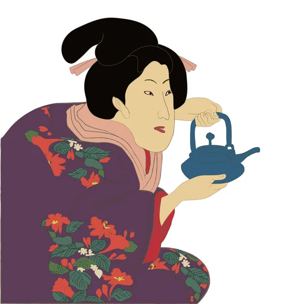 Geisha in kimono, woman in japan, traditional art style vector illustration. Japanese asian culture, beautiful fashion dress. Geisha serving chinese tea. — Image vectorielle
