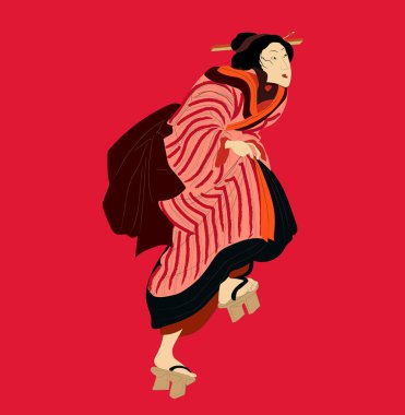 Ukiyo-e güzel kadın, kimono vektör resimli Japon geyşa. Japon sanatı Asyalı kız, tatlı kadın modası. Japon tarzı edo dönemi elbisesi..