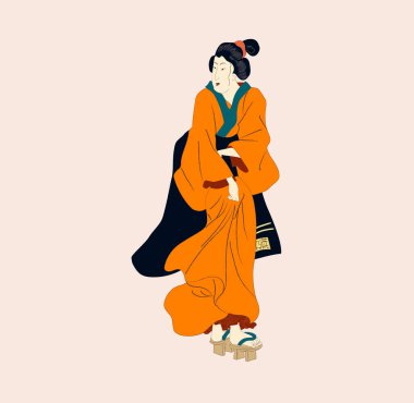 Ukiyo-e güzel kadın, kimono vektör resimli Japon geyşa. Japon sanatı Asyalı kız, tatlı kadın modası. Japon tarzı edo dönemi elbisesi..