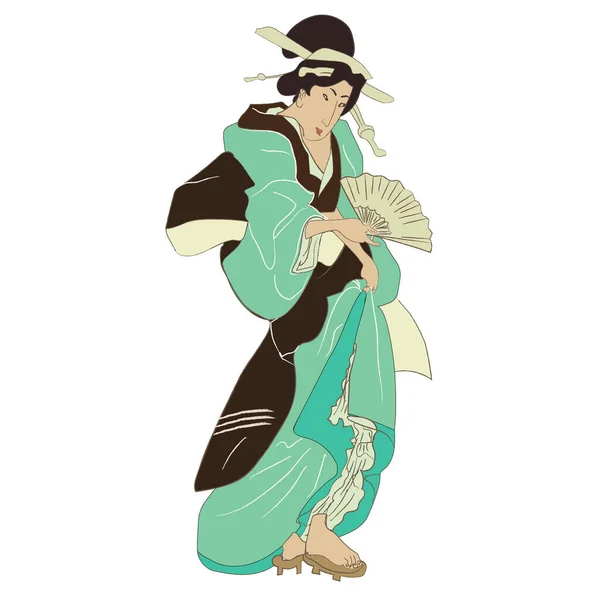 Beautiful woman in Japan, japanese geisha in kimono vector illustration. Japan art of asian girl, cute woman fashion. Japanese style dress of edo period. — 스톡 벡터