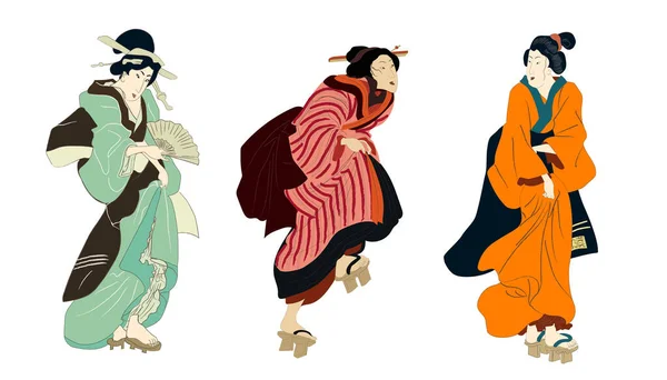 Femme de beauté Ukiyo-e, geisha japonaise en illustration vectorielle kimono. Japon art de fille asiatique, femme mignonne mode. Robe de style japonais de la période edo. — Image vectorielle