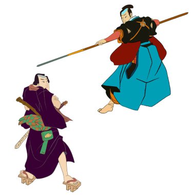 Japon ve Çin kültür vektör illüstrasyonu. Geyşa ve samuray savaşçıları. Geleneksel Japon kültürü, geyşa kadın. Japon sanatı.