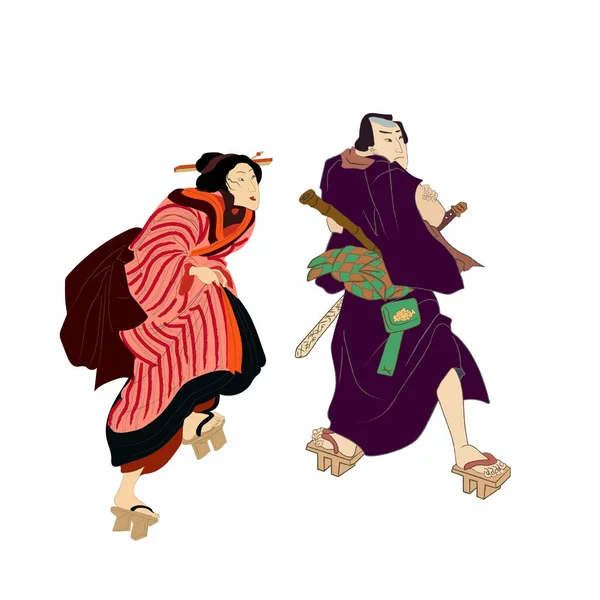 Illustration vectorielle de la culture japonaise et chinoise. Guerriers Geisha et Samouraï. Culture japonaise traditionnelle, femme geisha. Japon art. — Image vectorielle