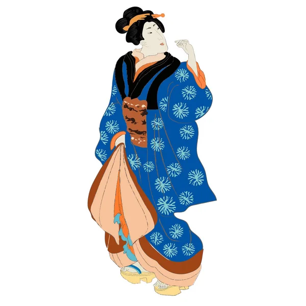 Mujer belleza Ukiyo-e, geisha japonesa en kimono vector ilustración. Japón arte de chica asiática, mujer linda moda. Vestido estilo japonés de época edo. — Vector de stock