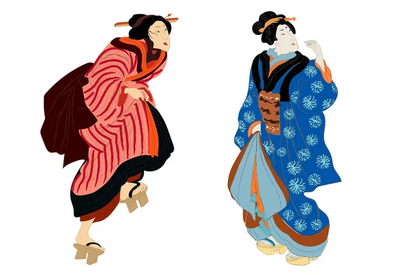 Ukiyo-e szépség nő, japán gésa kimonó vektor illusztrációban. Japán művészet ázsiai lány, aranyos nő divat. Japán stílusú ruha edo időszak. — Stock Vector