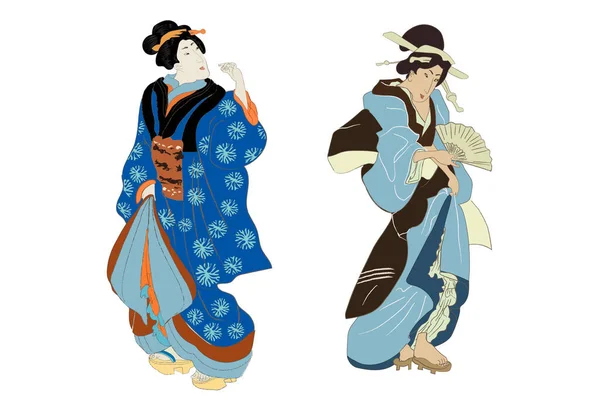 Mujer belleza Ukiyo-e, geisha japonesa en kimono vector ilustración. Japón arte de chica asiática, mujer linda moda. Vestido estilo japonés de época edo. — Vector de stock