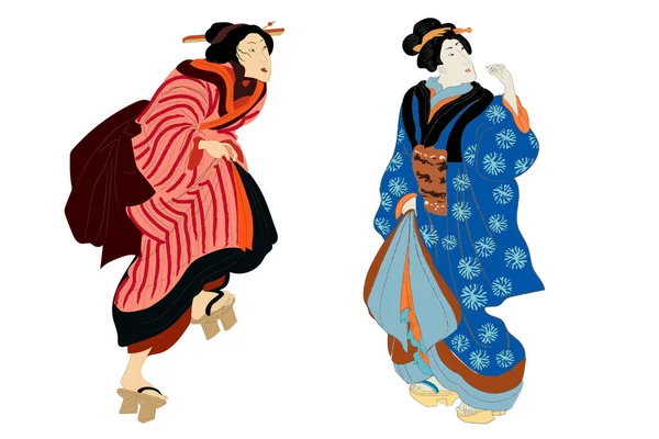 Femme de beauté Ukiyo-e, geisha japonaise en illustration vectorielle kimono. Japon art de fille asiatique, femme mignonne mode. Robe de style japonais de la période edo. — Image vectorielle