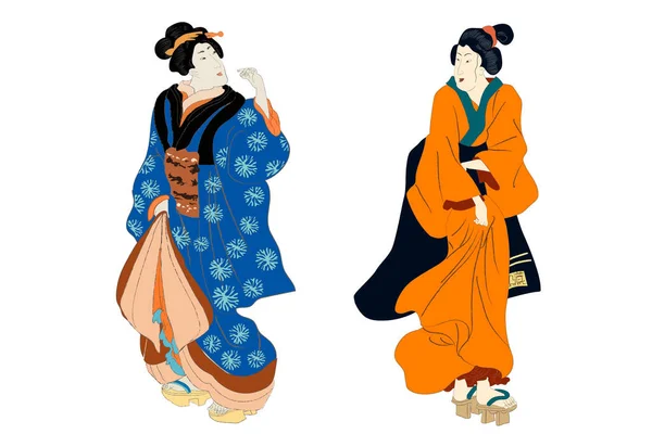 Femme de beauté Ukiyo-e, geisha japonaise en illustration vectorielle kimono. Japon art de fille asiatique, femme mignonne mode. Robe de style japonais de la période edo. — Image vectorielle