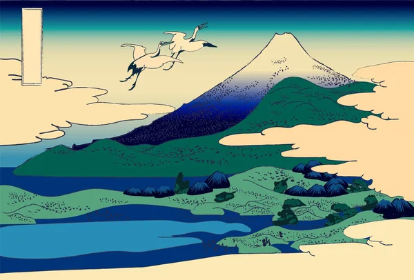 Ukiyo-e Ιαπωνία φυσικό τοπίο με λόφους, λίμνη και πελαργούς ή γερανούς στην παραδοσιακή ιαπωνική sumi-e στυλ διανυσματική απεικόνιση. — Διανυσματικό Αρχείο