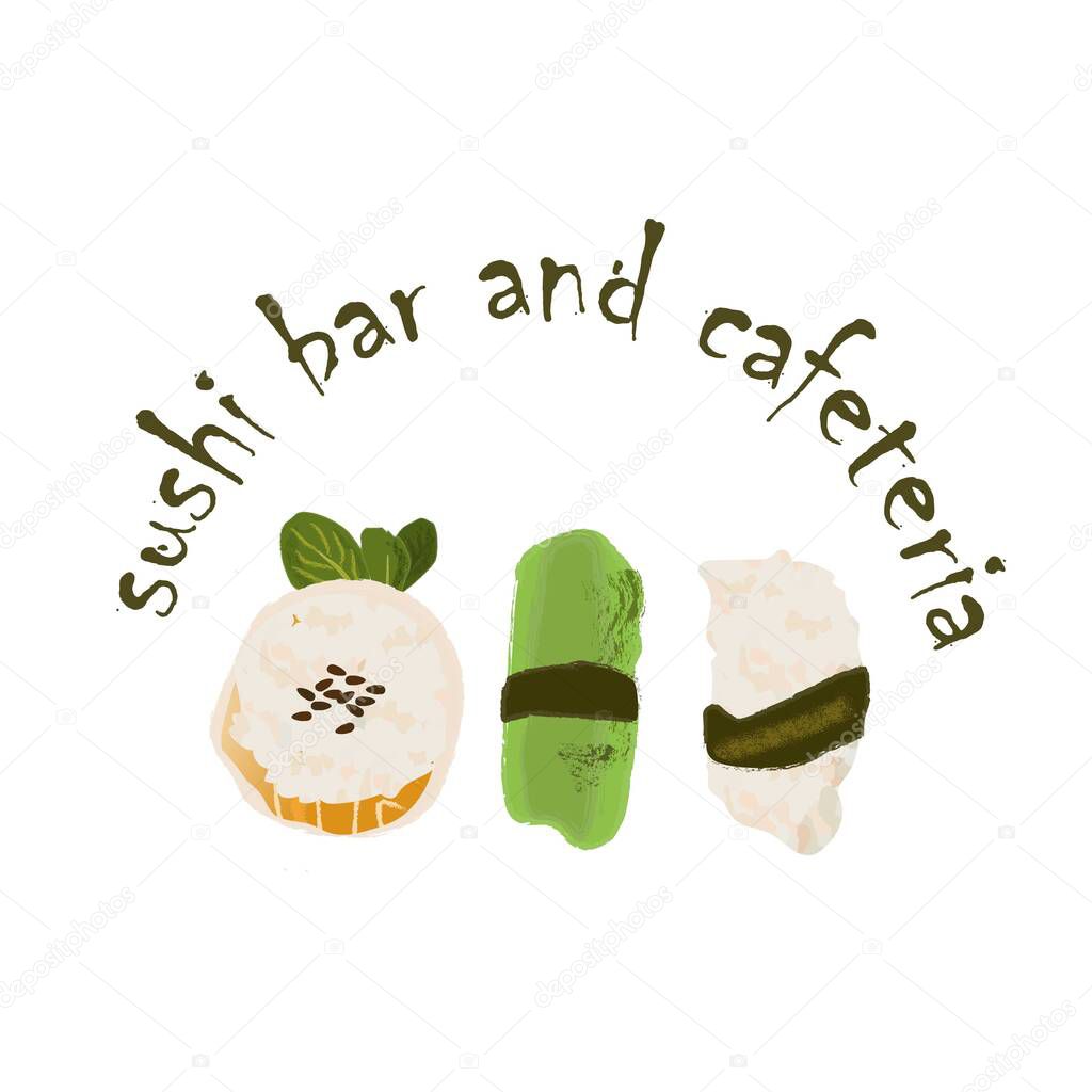 Sushi bar or sushi japanese chinese fast food shop design with vectorillustration isolated on white. Chinese sushi cafeteria logo.