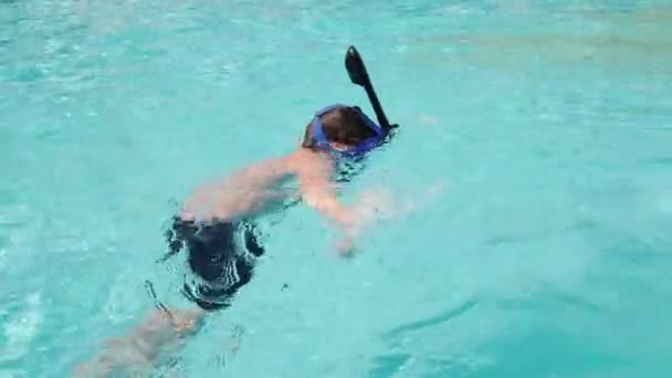 Junge schwimmt auf blauem Untergrund — Stockvideo