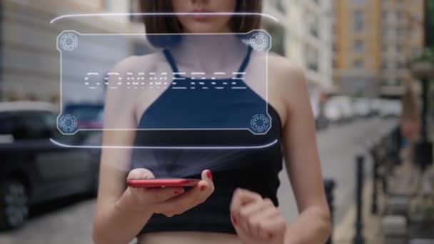 Jeune adulte interagit hologramme Commerce — Video