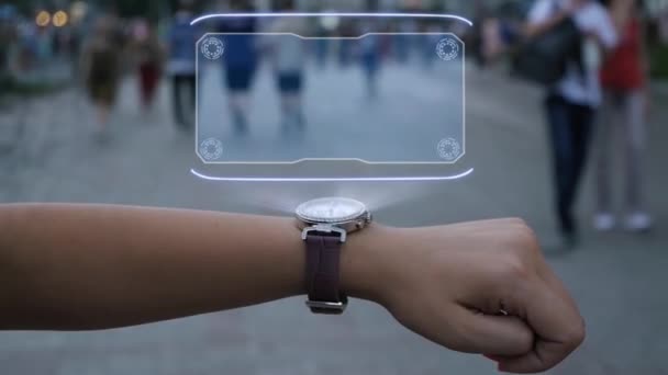 Mano femenina con holograma Car Sharing — Vídeos de Stock