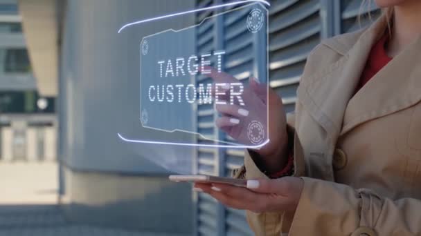 Businesswoman interacts HUD Target Customer — Stock Video